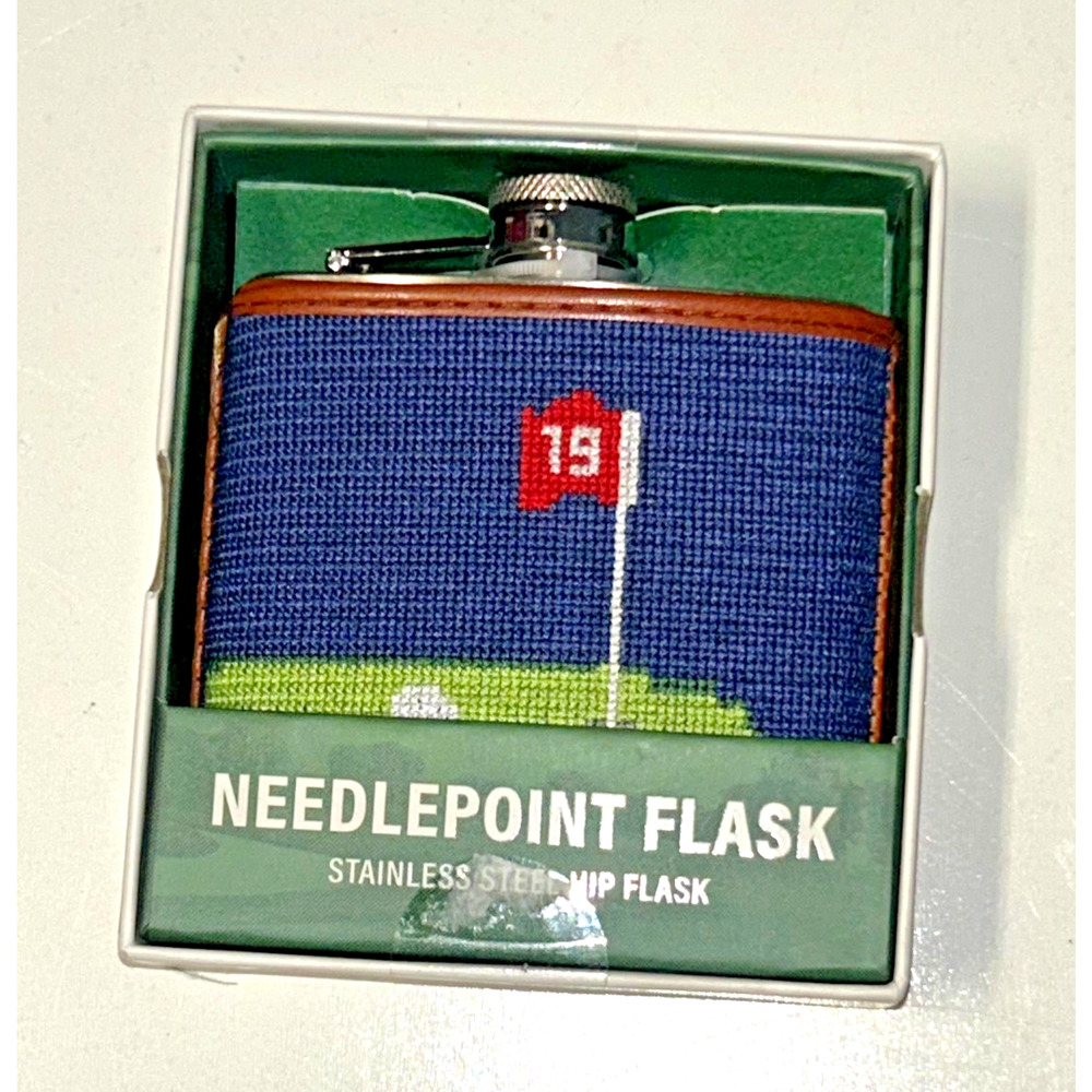 Smathers & Branson Golf Flask Needlepoint and Leather 19th Hole